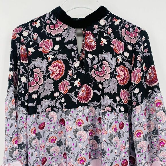 LOFT Size Small Purple Floral Velvet Mock Neck Keyhole Boho Blouse Top - Picture 2 of 8